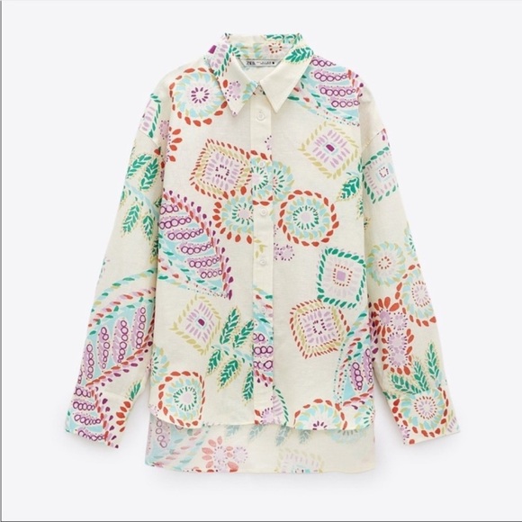 Zara Button Down Shirt L NWT Summer Print Linen Blend Bohemian - Picture 4 of 14